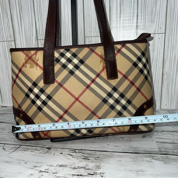 Burberry Vintage Nova Check Tote Bag Brown Leather Trim Plaid Shoulder Handbag - Picture 5 of 10